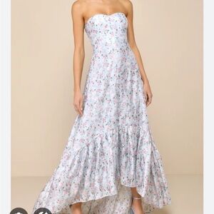Lulu's Strapless Floral Maxi Dress in White and Pink